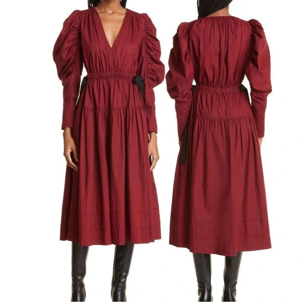 Ulla Johnson Althea Long Sleeve Tiered Ruffle Cotton Midi Dress Bordeaux Women 8